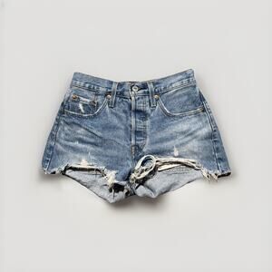 Levi's Shorts Womens 25 Blue 501 Thrashed Distressed Medium Wash Cut Off